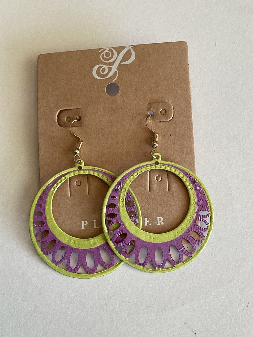 Plunder Lime Green‎ and Purple Cutout Dangle Hoop Earrings